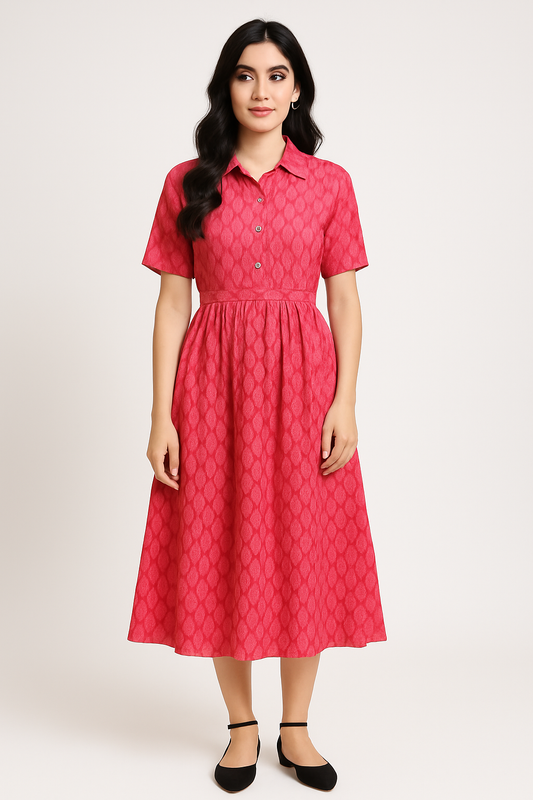 Women's Button-Down Collared Fit & Flare Dress – Pink Textured Print