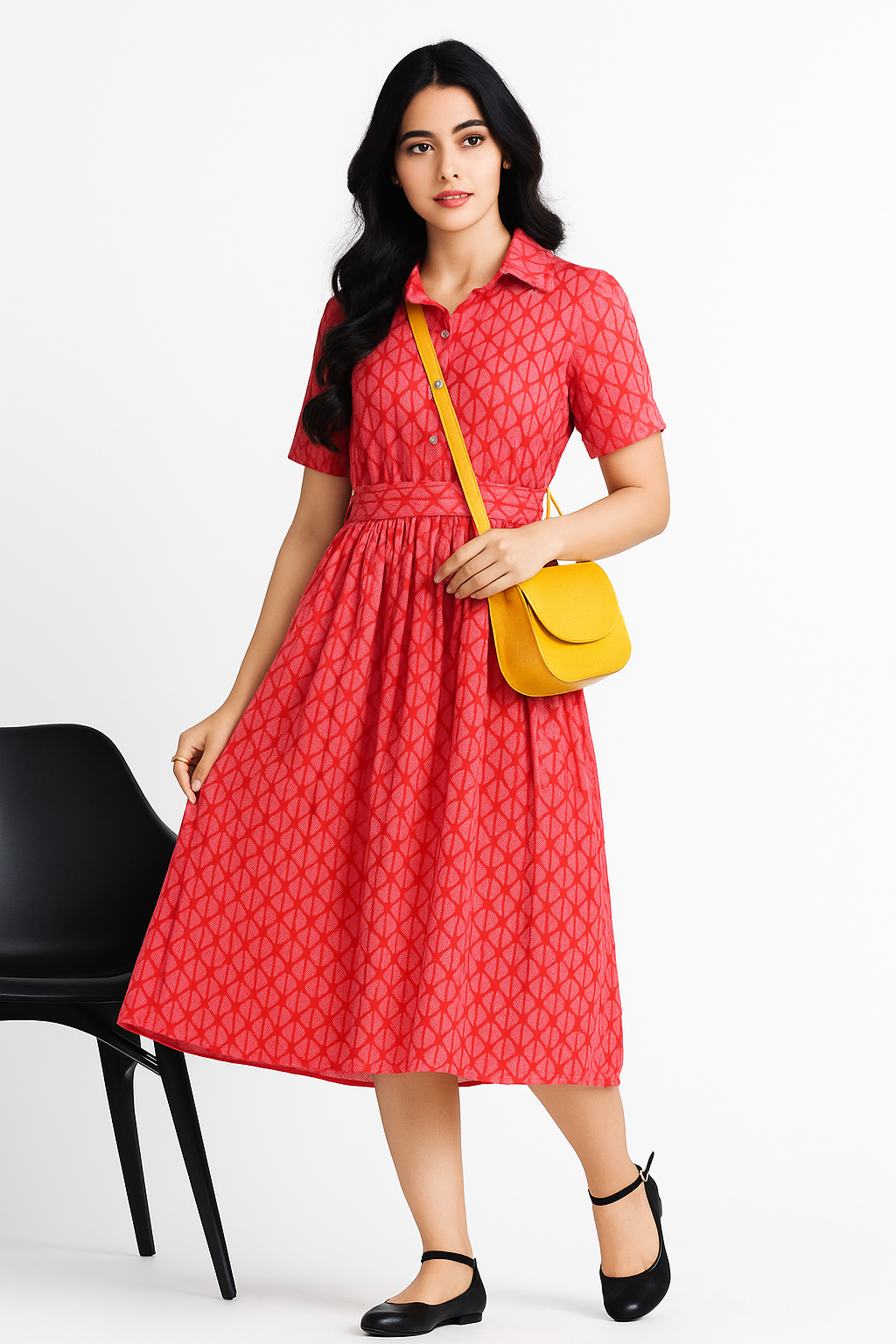 Women's Button-Down Collared Fit & Flare Dress Pink Textured Print Women's Button-Down Collared Fit & Flare Dress Pink Textured Print