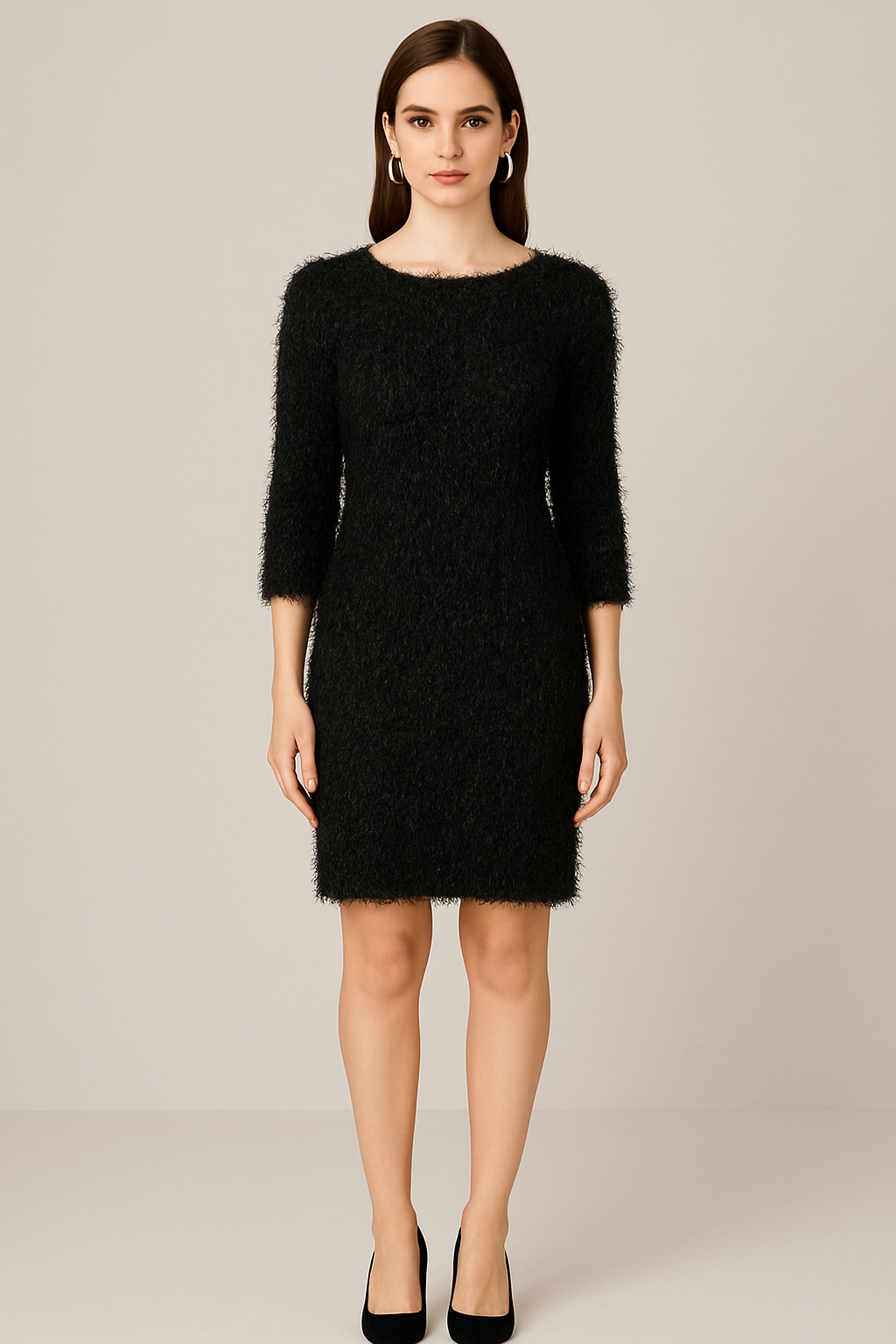 Black Luxe Fuzzy Knit Bodycon Dress Fur Coating Finish Black Luxe Fuzzy Knit Bodycon Dress Fur Coating Finish