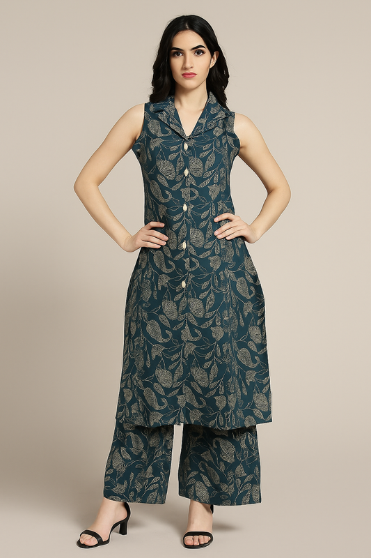 Teal Whisper Sleeveless Kurti Set with Leaf Imprint