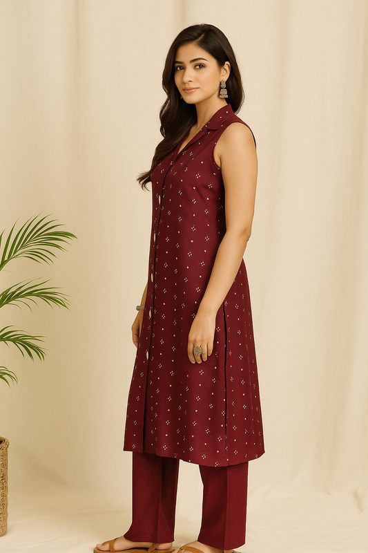 Wine Glow Sleeveless Kurti Set with Subtle Motif Detailing