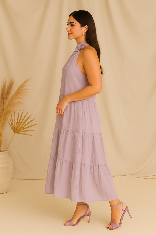 Lilac Tiered Maxi Dress with Floral Neck Detail