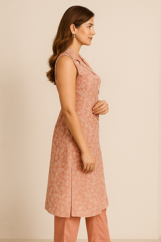 Blush Bloom Sleeveless Kurti Set with Delicate Floral Print