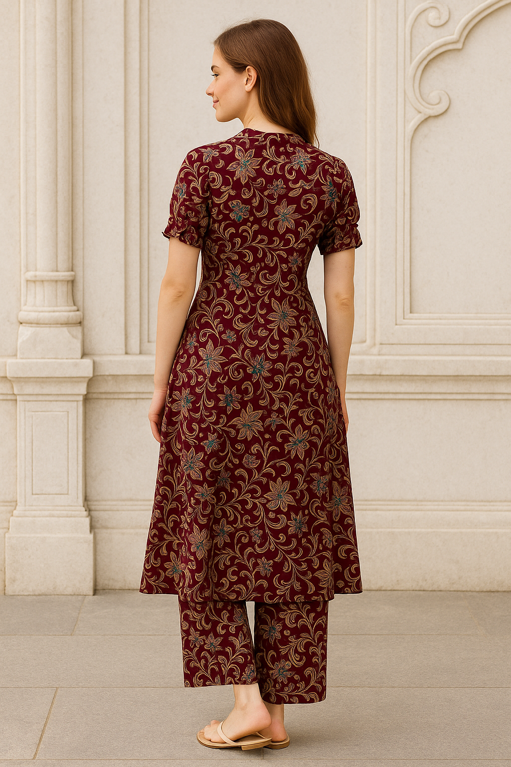 Regal Bloom Wine Kurti Set with Ornate All-Over Print