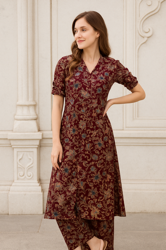 Regal Bloom Wine Kurti Set with Ornate All-Over Print