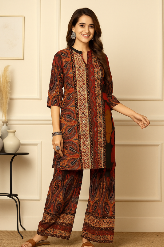 Heritage Hues Maroon Kurti Set with Ethnic Fusion Print