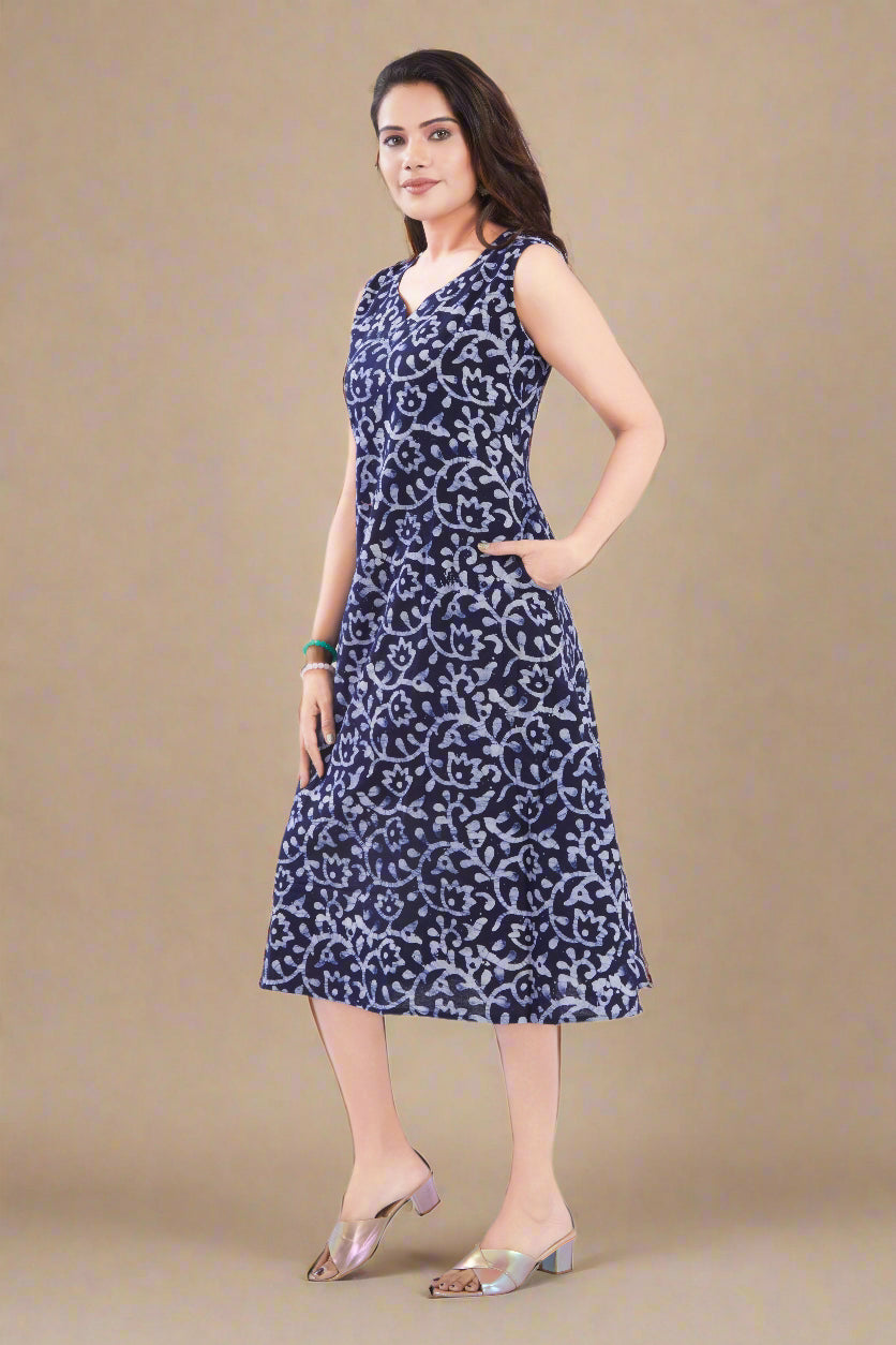 Navy Blue Cotton Batik Dress for Women