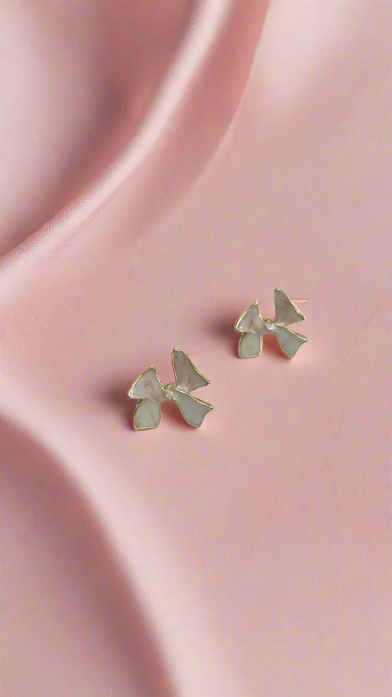 Elegant Baby Pink Bow Stud Earrings with Gold Trim