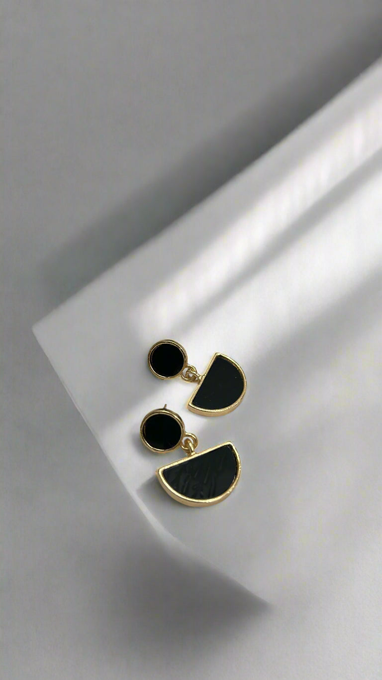 Elegant Black & Gold Geometric Dangle Earrings
