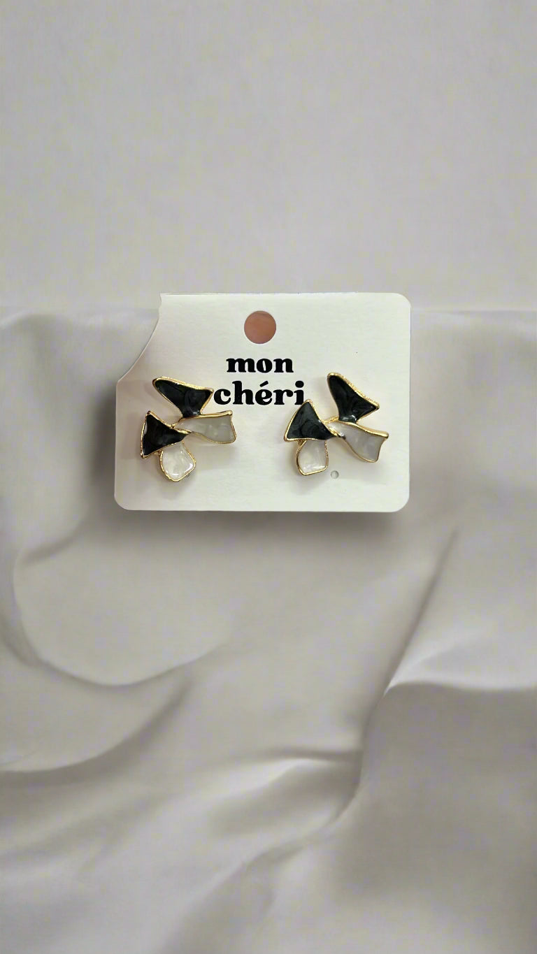 Mon Chéri Black & White Bow Stud Earrings with Gold Detail