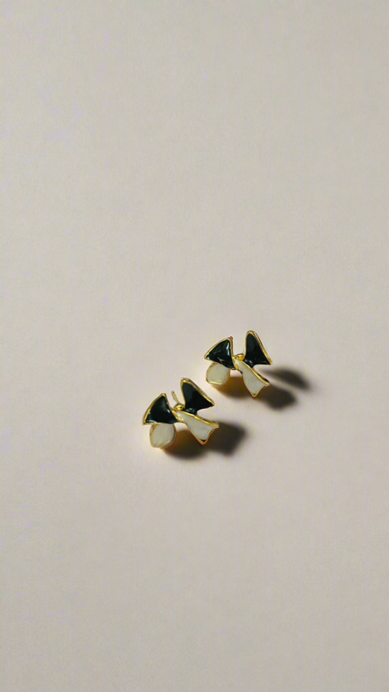 Mon Chéri Black & White Bow Stud Earrings with Gold Detail
