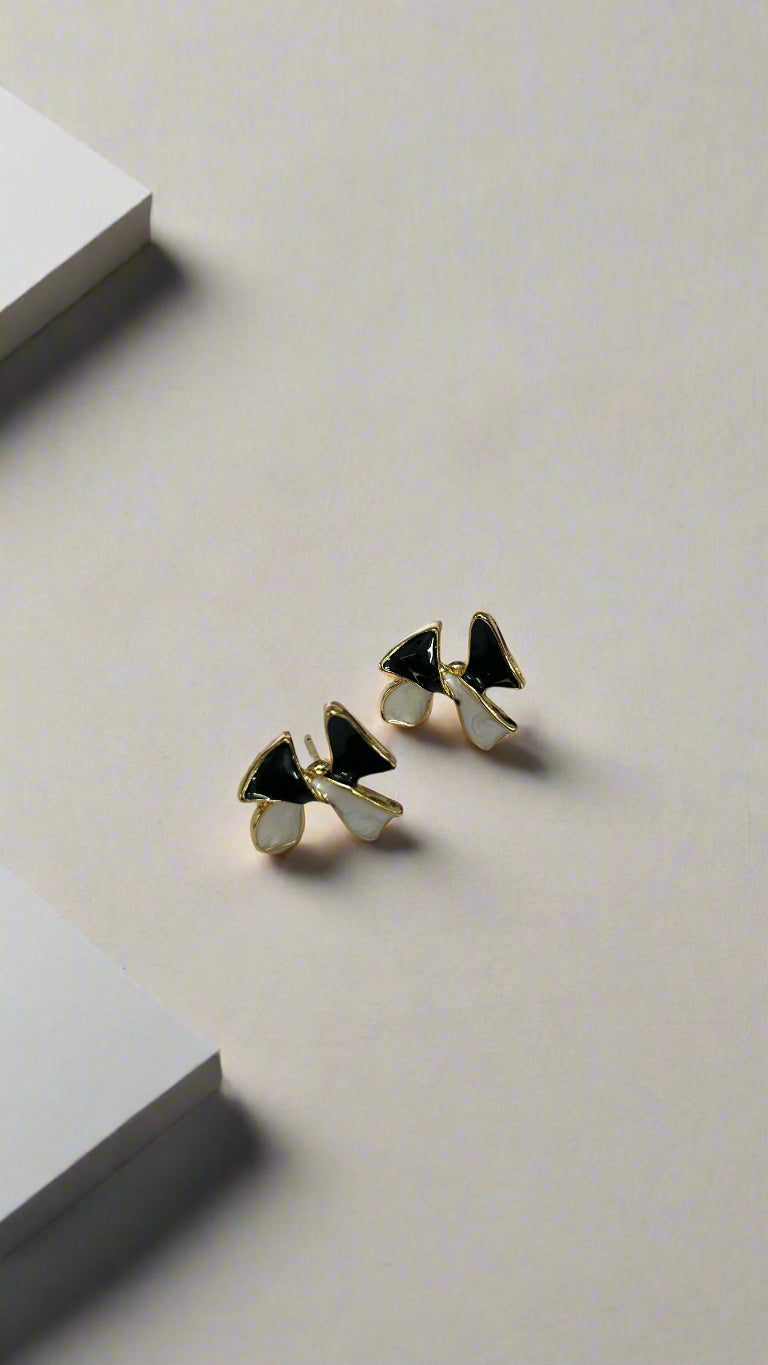 Mon Chéri Black & White Bow Stud Earrings with Gold Detail