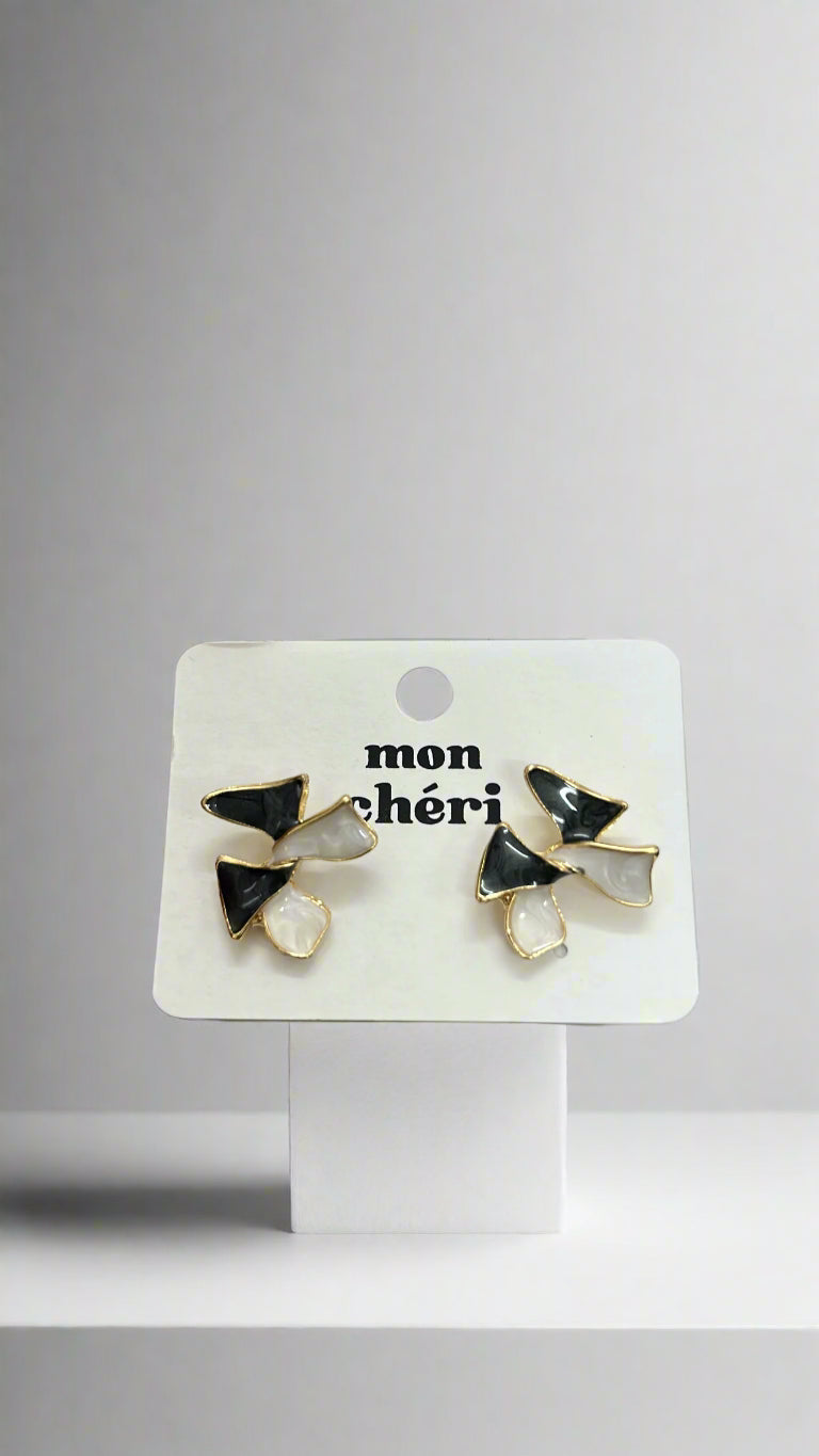Mon Chéri Black & White Bow Stud Earrings with Gold Detail