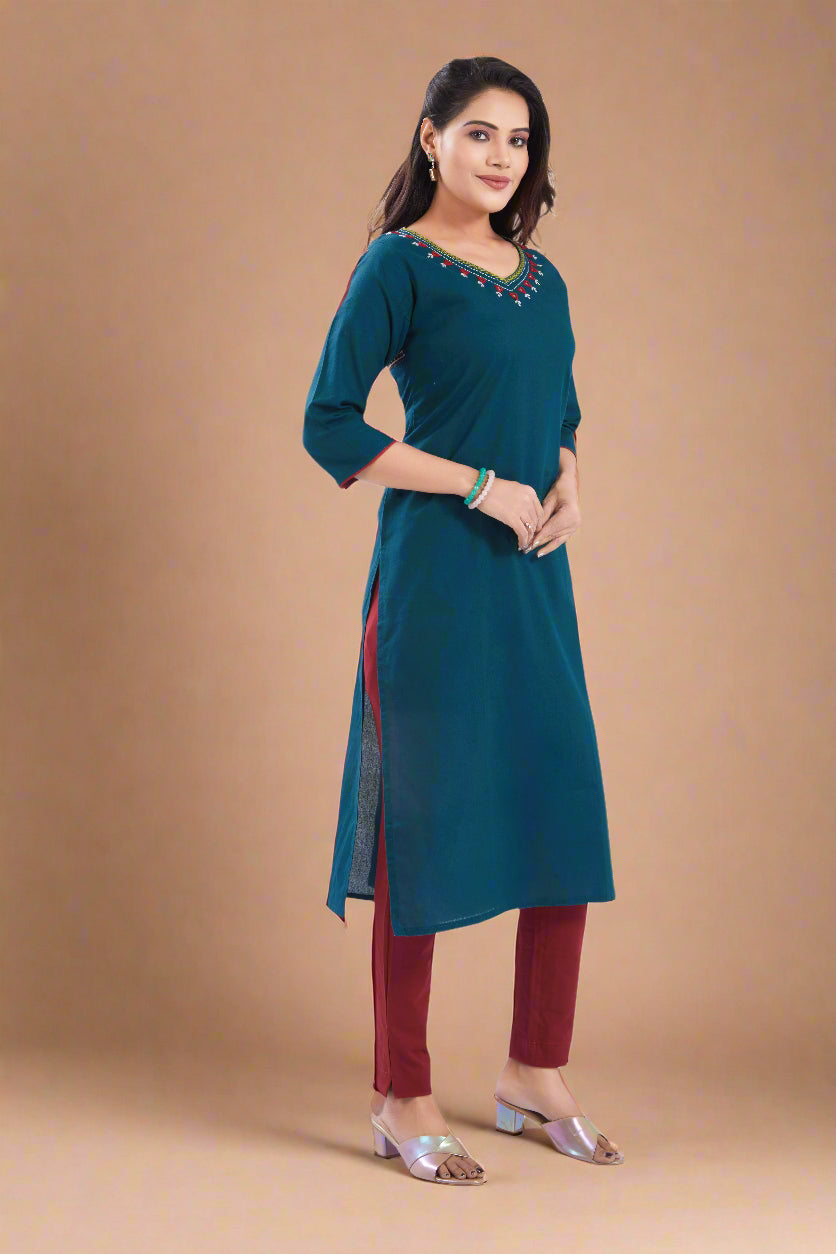 Vismi Teal Green Handloom Cotton Mirror Work Kurti