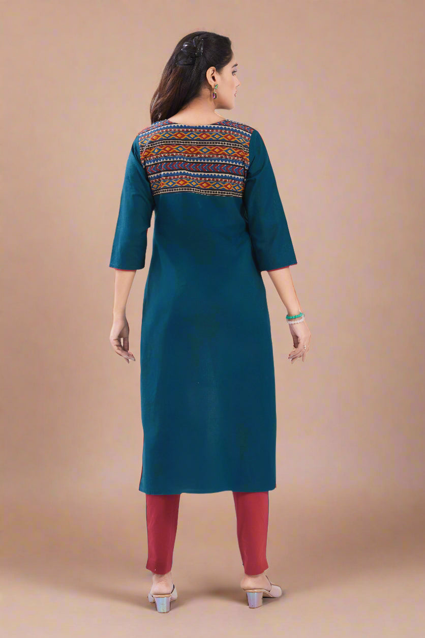Vismi Teal Green Handloom Cotton Mirror Work Kurti
