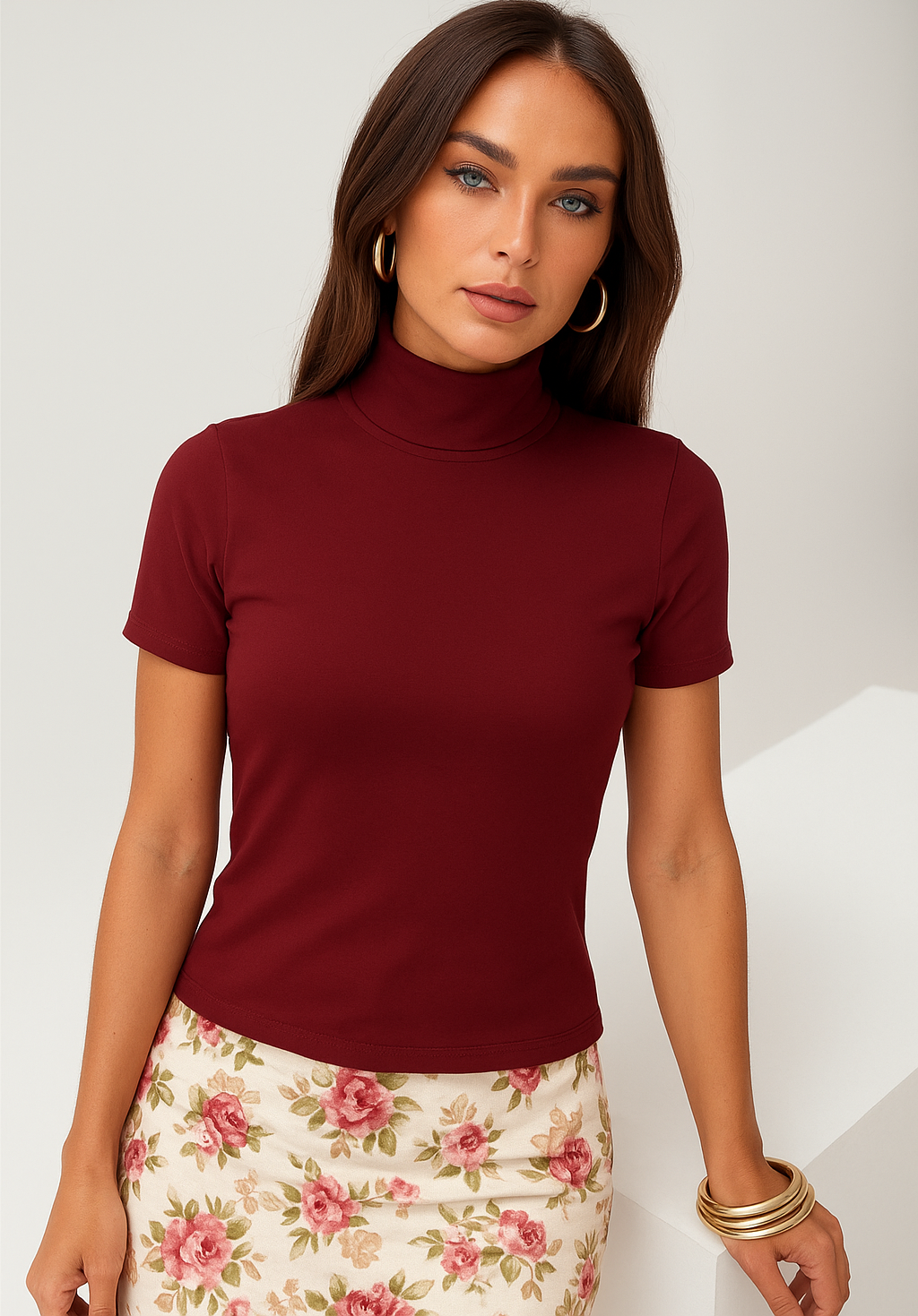 Elegant Maroon Mock Neck Tee