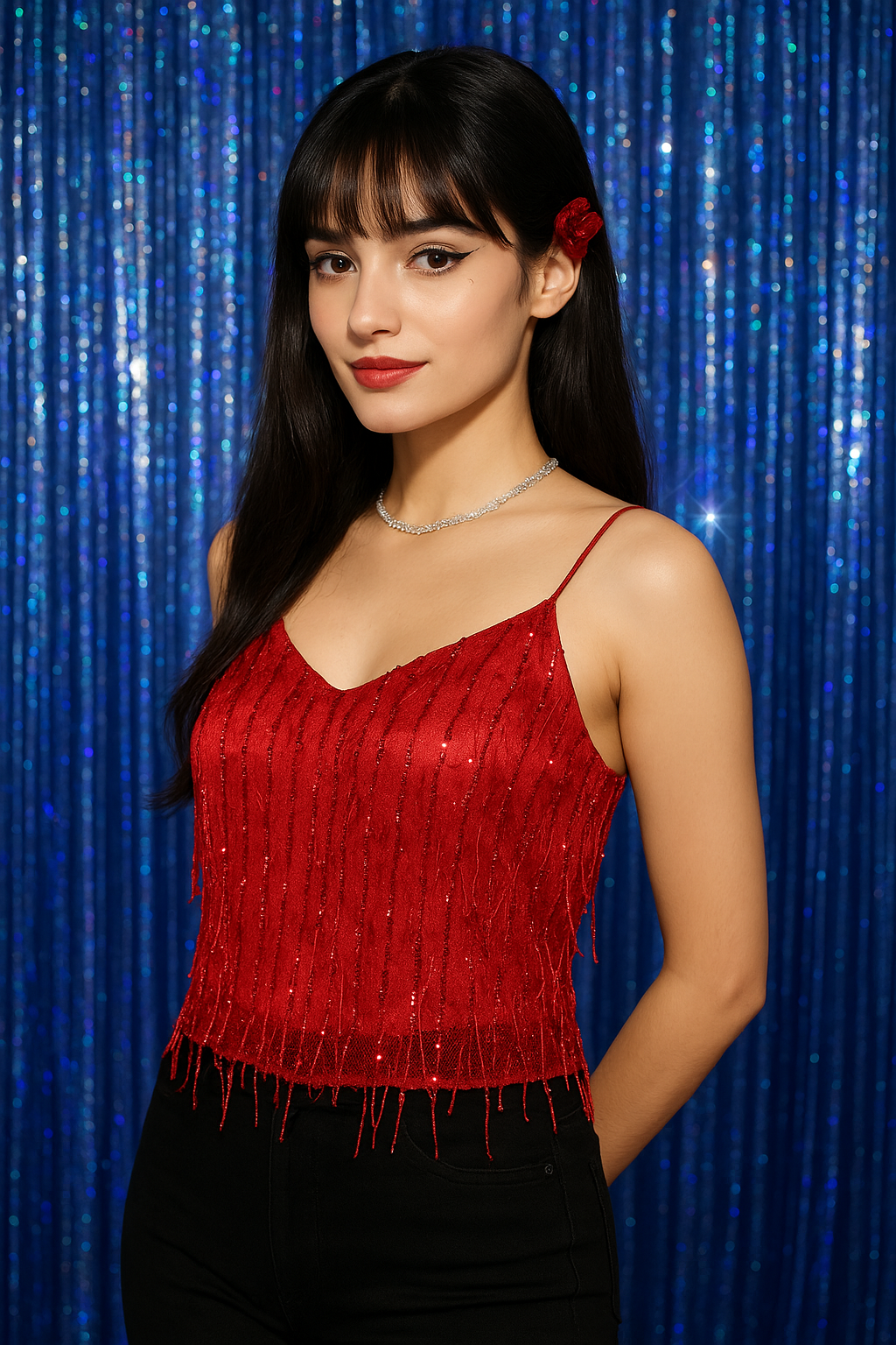Glam Red Sequin Fringe Cami Top