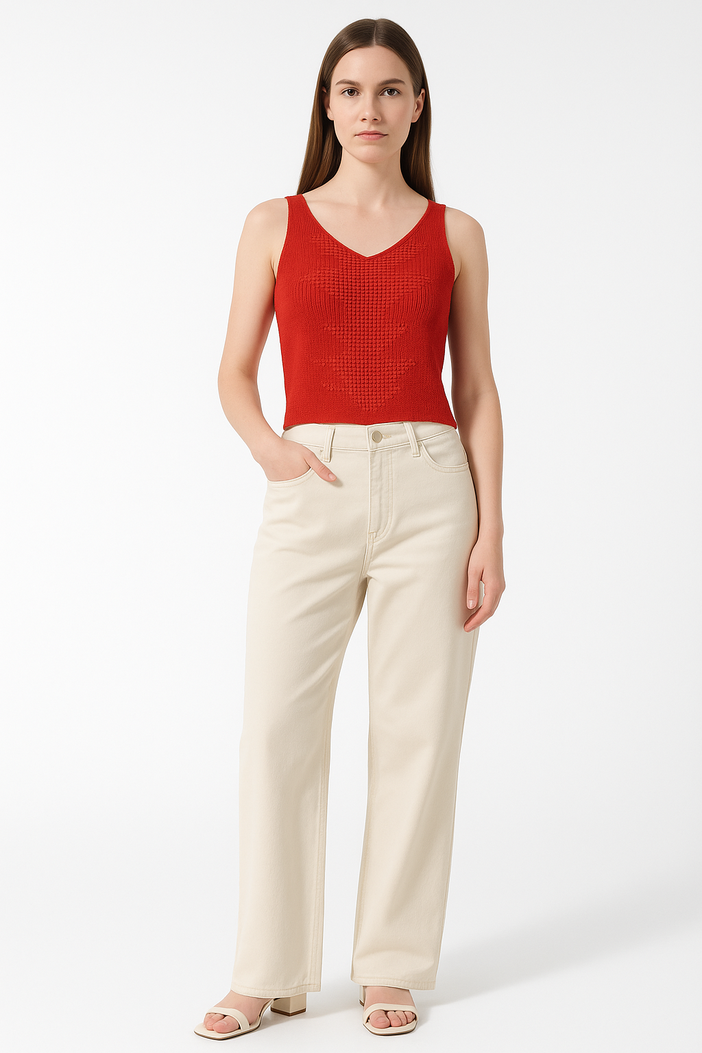 Red Textured Knit Sleeveless Top