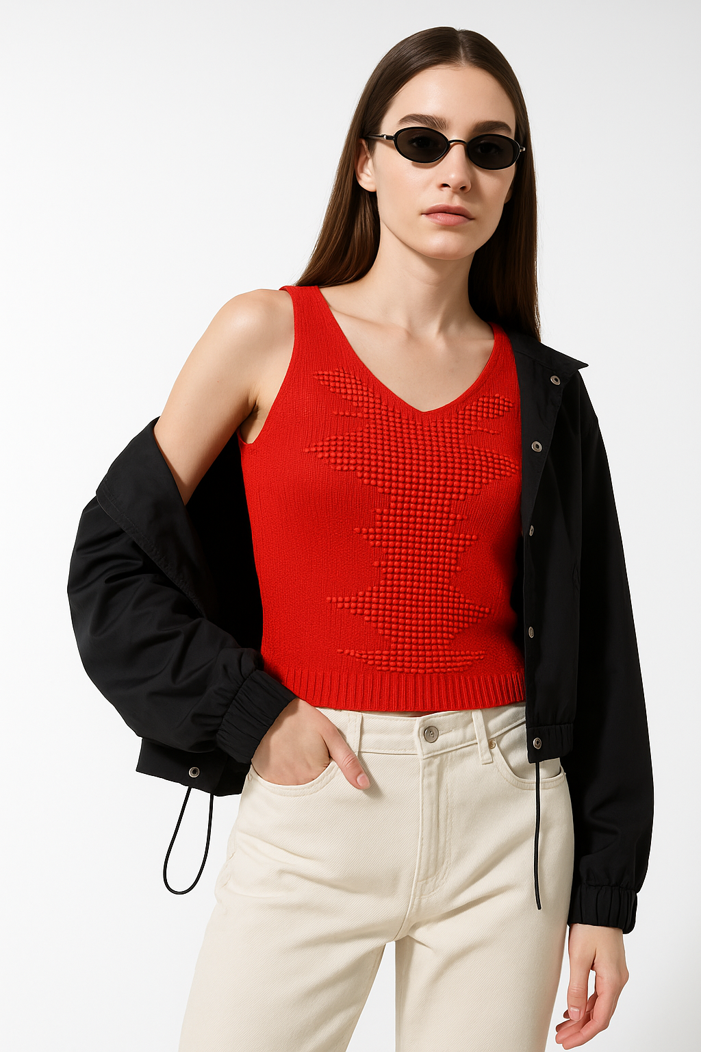 Red Textured Knit Sleeveless Top