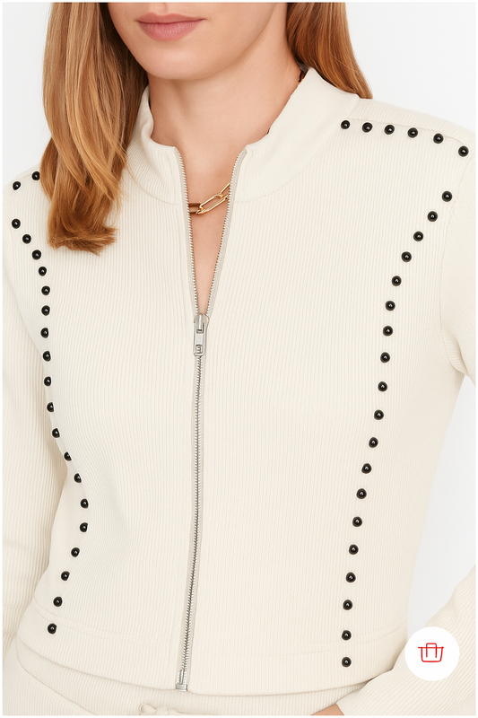Ivory Studded Zip-Up Heavy Knit Jacket