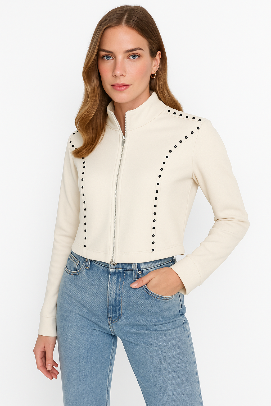 Ivory Studded Zip-Up Heavy Knit Jacket