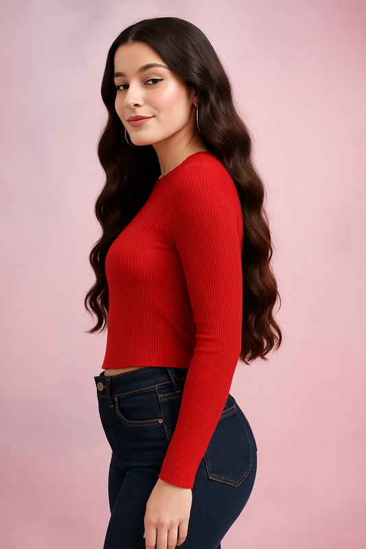 Bold Basics Red Rib-Knit Fitted Top