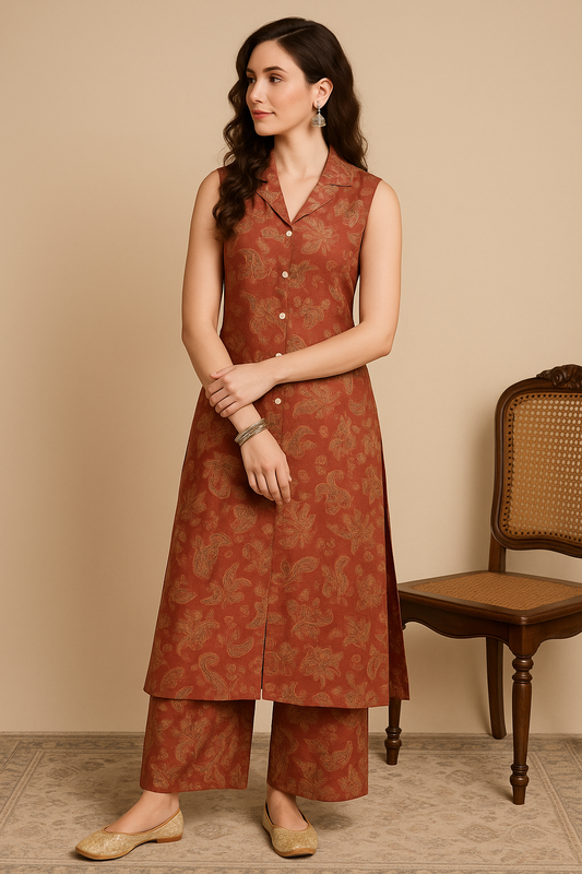 Maroon Essence Printed Kurti Set with Classic Sleeveless Cut