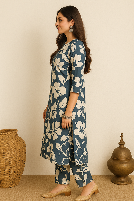 Midnight Bloom Navy Kurti Set with Bold Floral Prints