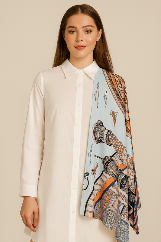 Urban Luxe Shirt Dress with Printed Scarf Drape