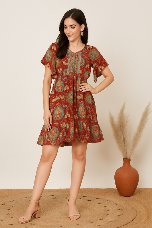 Rust Paisley Boho Tiered Mini Dress
