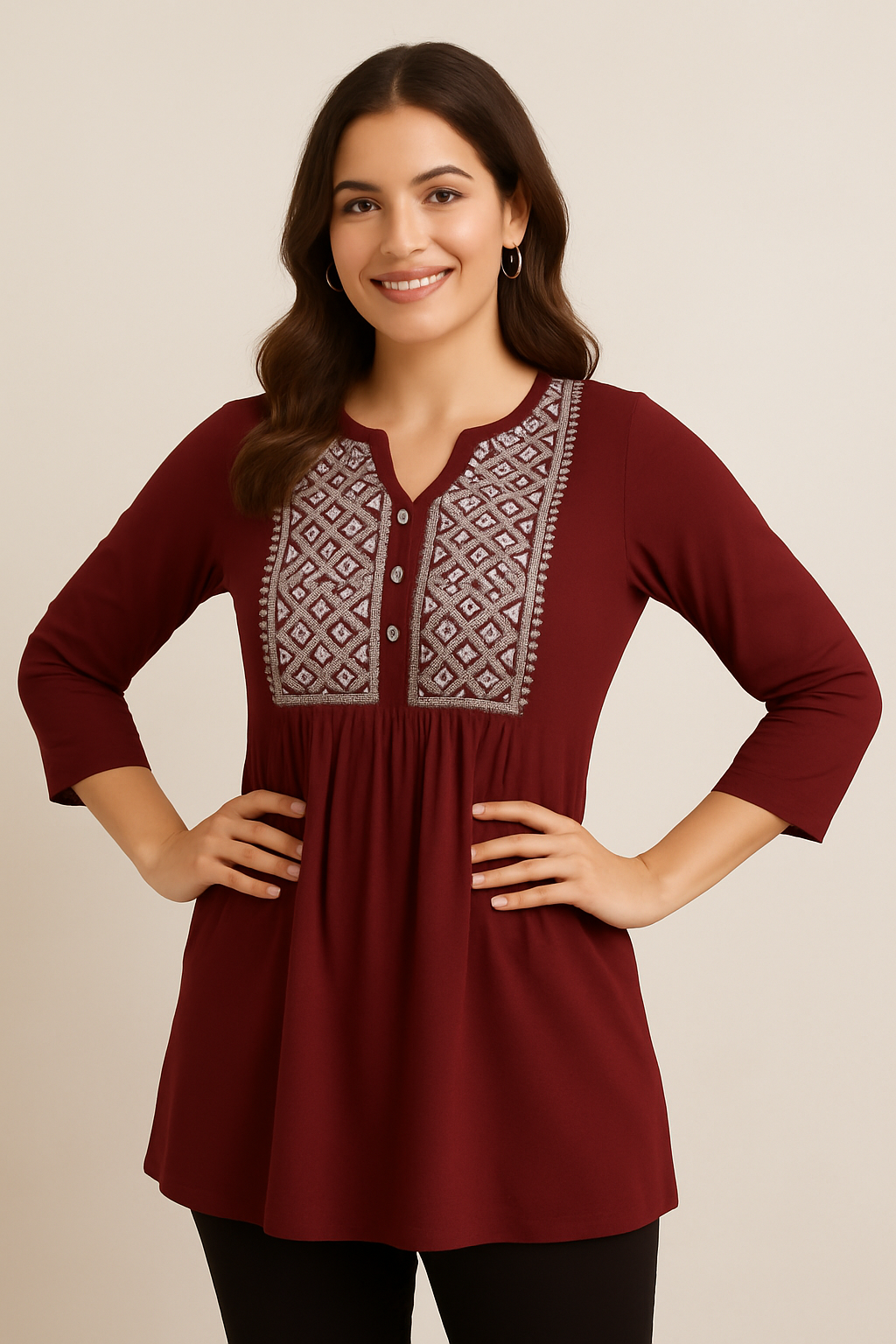 Embroidered Burgundy Flared Top