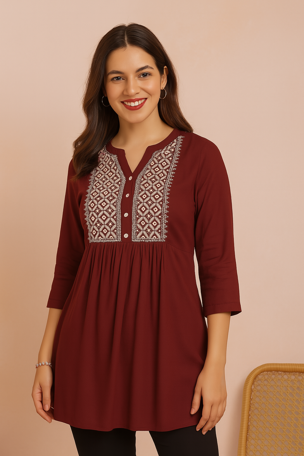 Embroidered Burgundy Flared Top