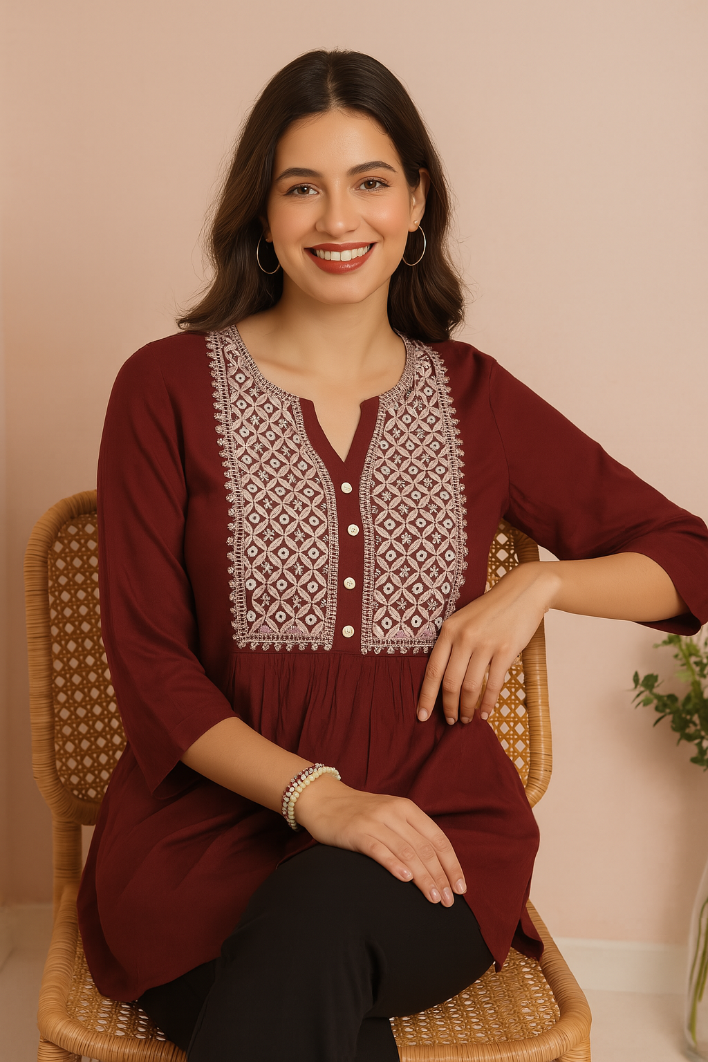 Embroidered Burgundy Flared Top