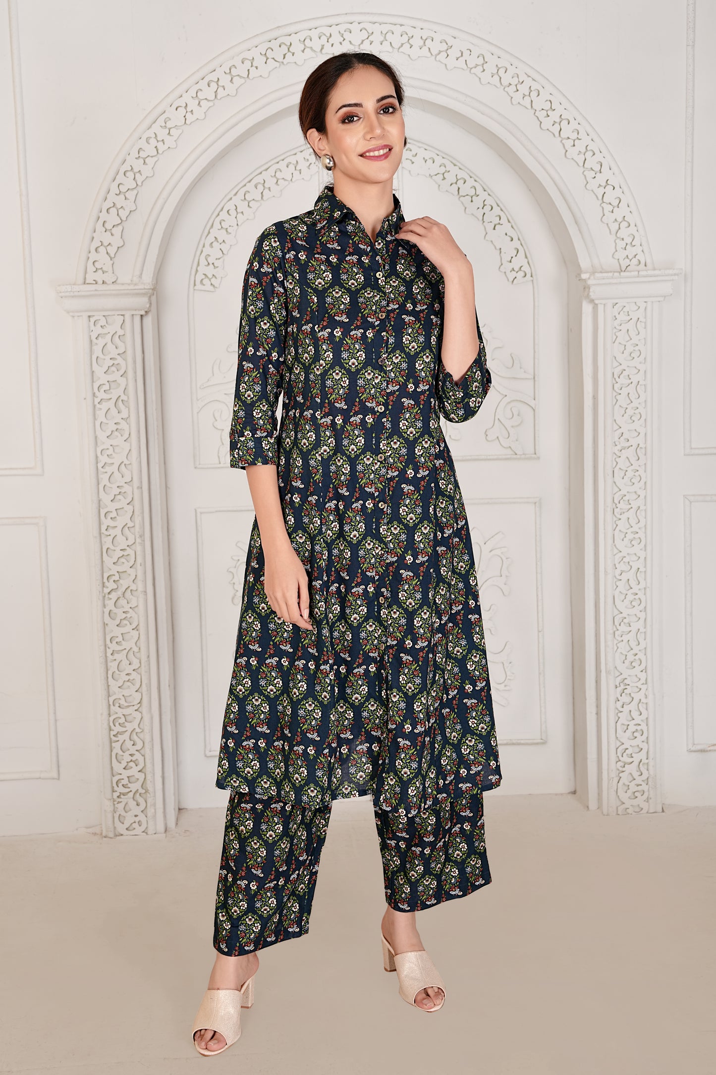 Navy Blue Floral Printed Kurta Set in Jaipuri Cotton