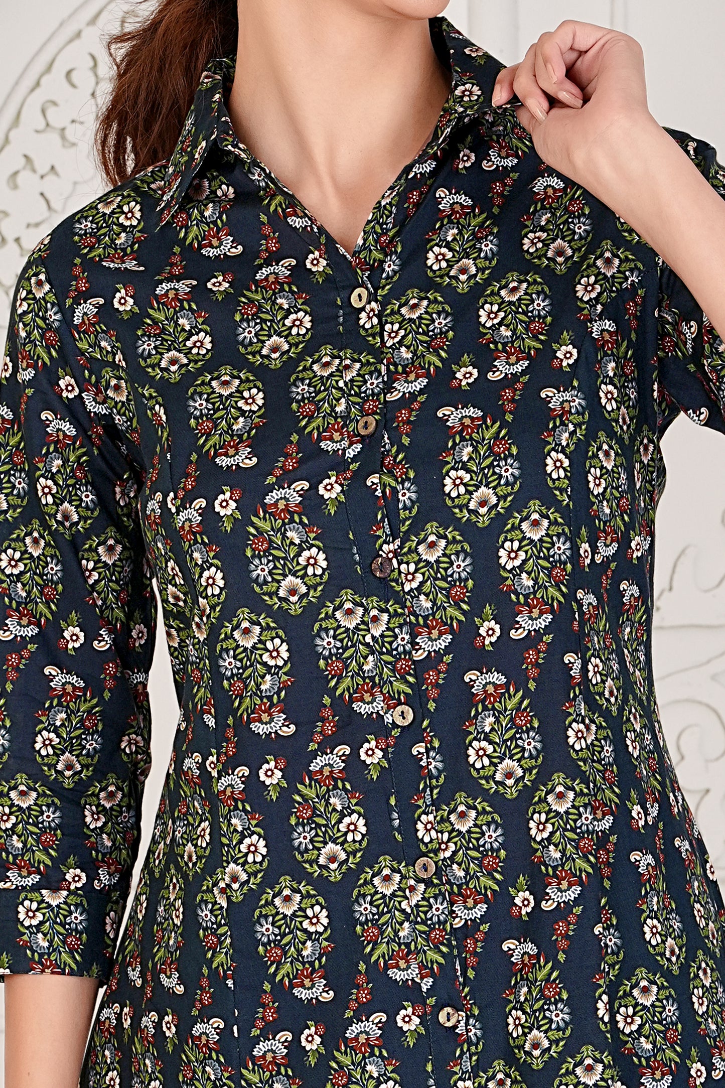 Navy Blue Floral Printed Kurta Set in Jaipuri Cotton