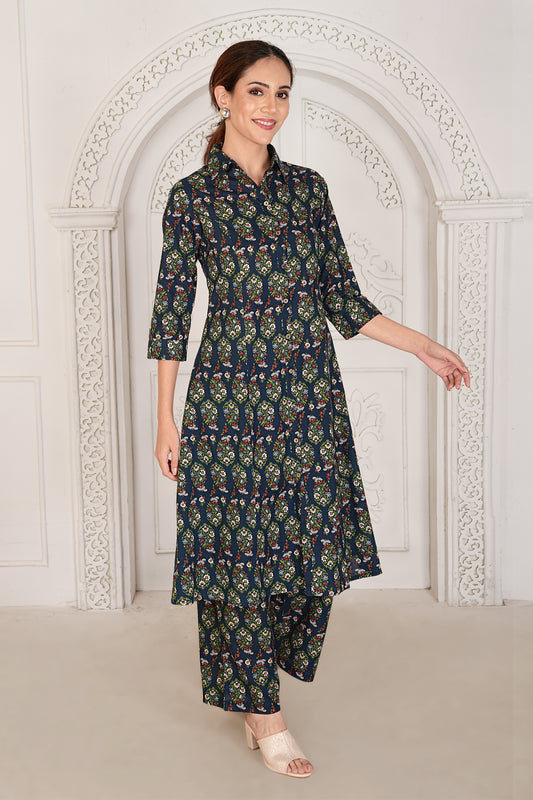 Navy Blue Floral Printed Kurta Set in Jaipuri Cotton
