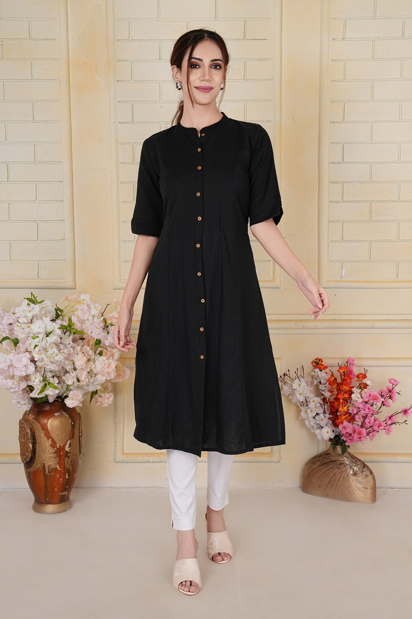 Black Flax Cotton A-Line Kurta with Wooden Button Accents
