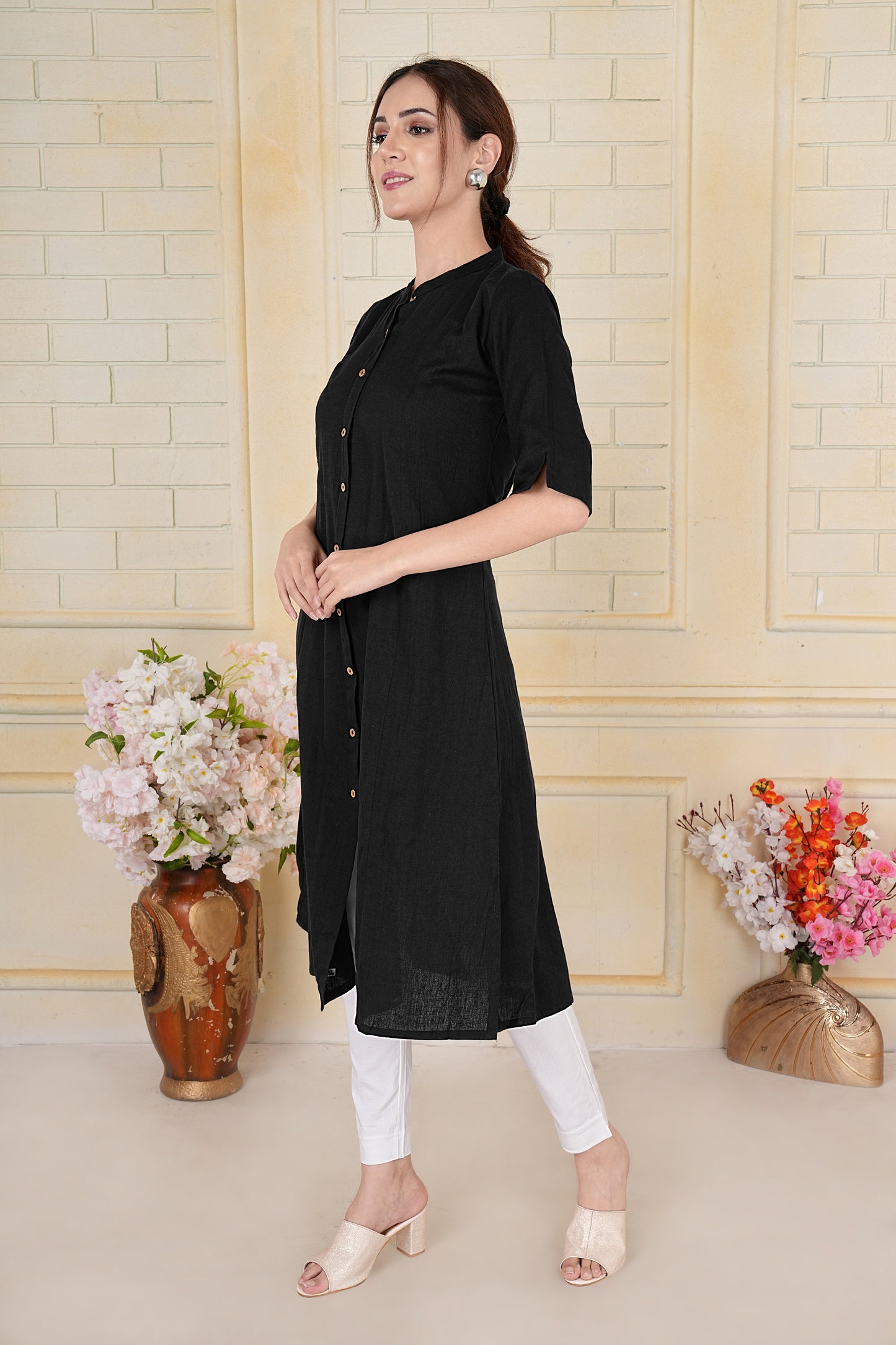 Black Flax Cotton A-Line Kurta with Wooden Button Accents