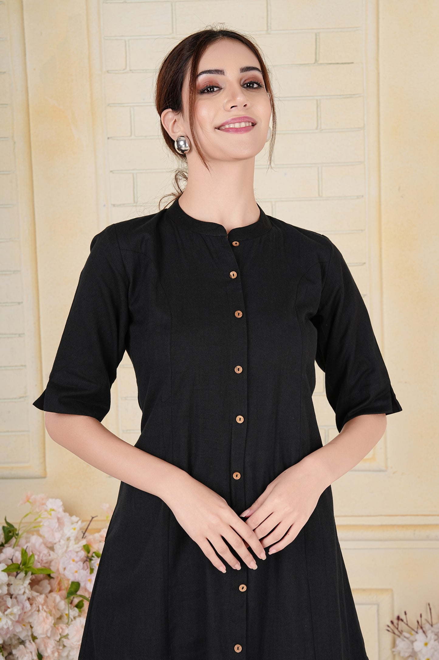 Black Flax Cotton A-Line Kurta with Wooden Button Accents