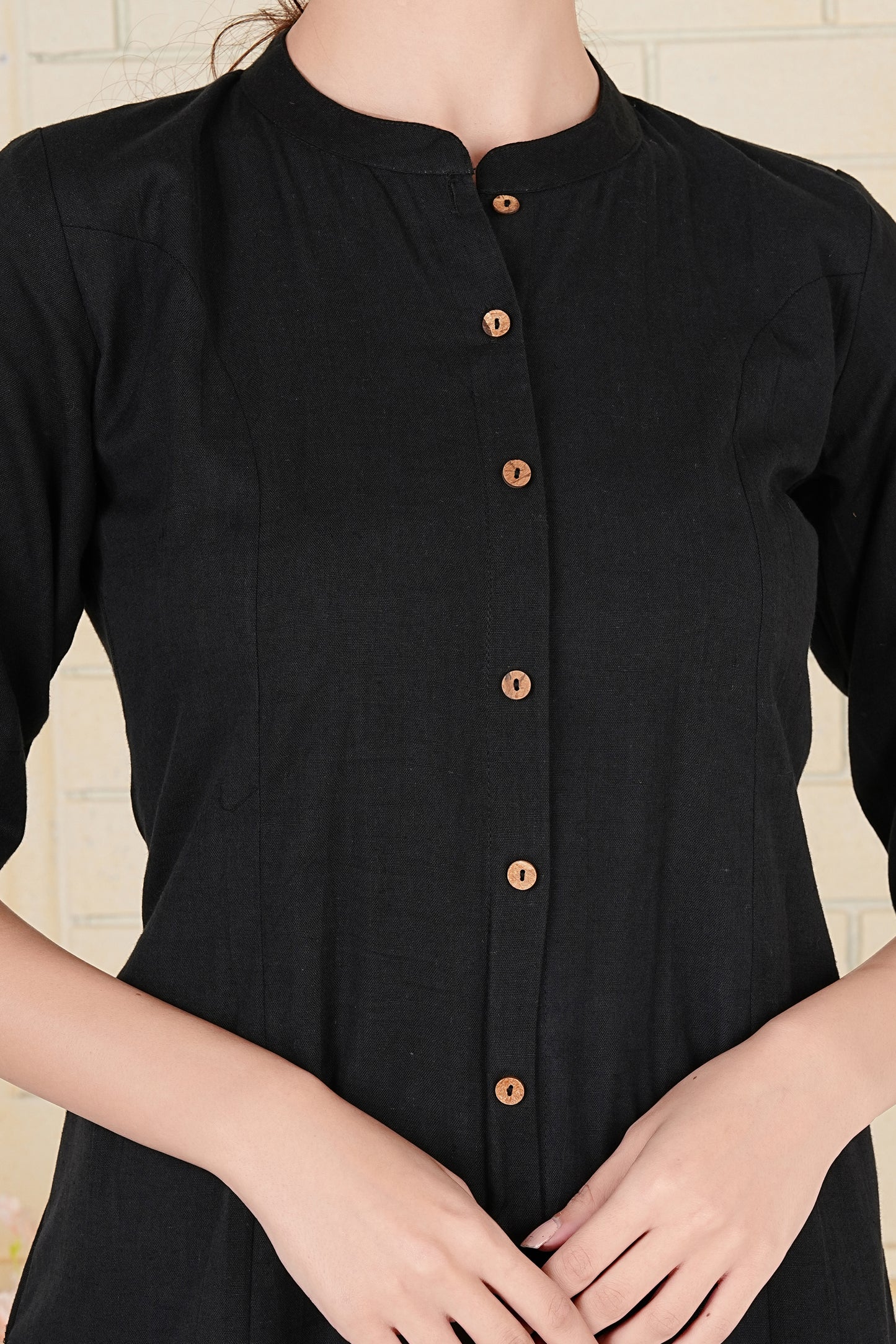 Black Flax Cotton A-Line Kurta with Wooden Button Accents