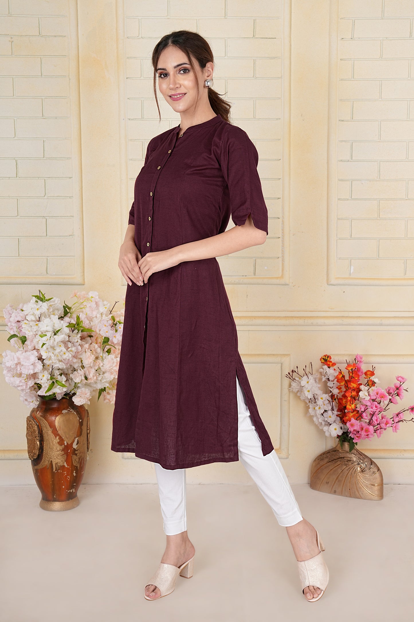 Wine Flax Cotton A-Line Kurta with Wooden Button Accents