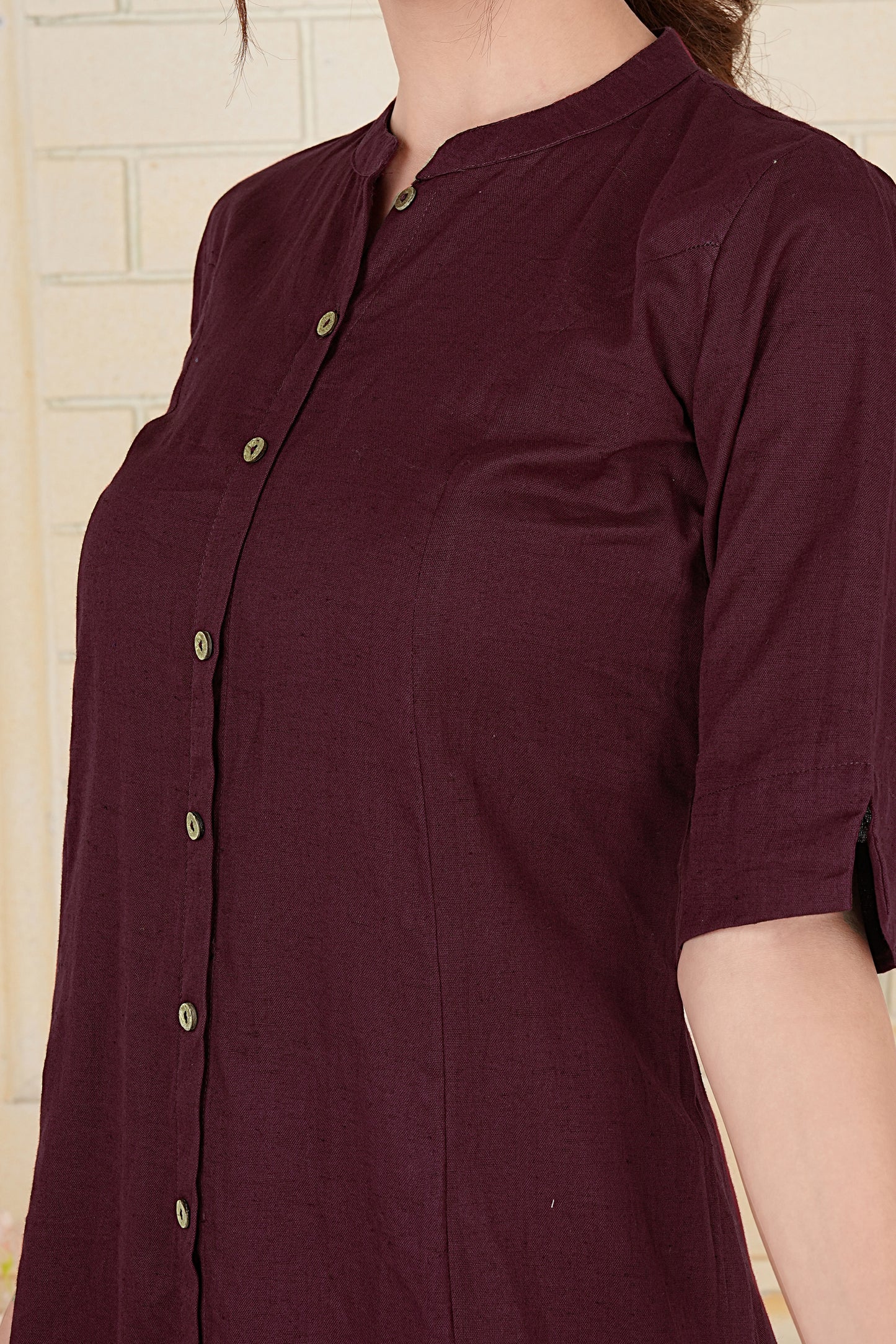 Wine Flax Cotton A-Line Kurta with Wooden Button Accents