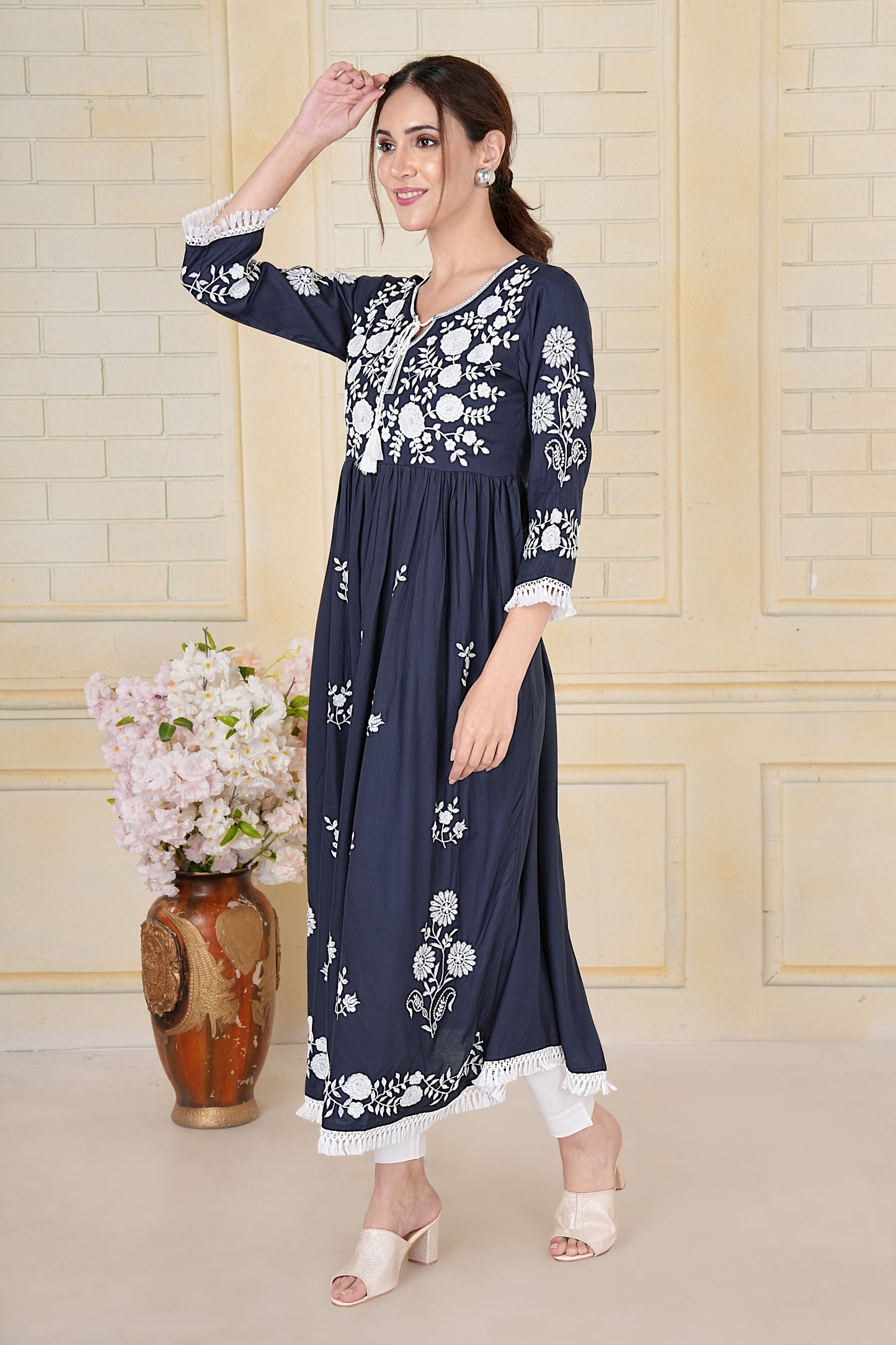 Navy Blue Floral Embroidered Cotton Kurti Dress with Lace Detailing
