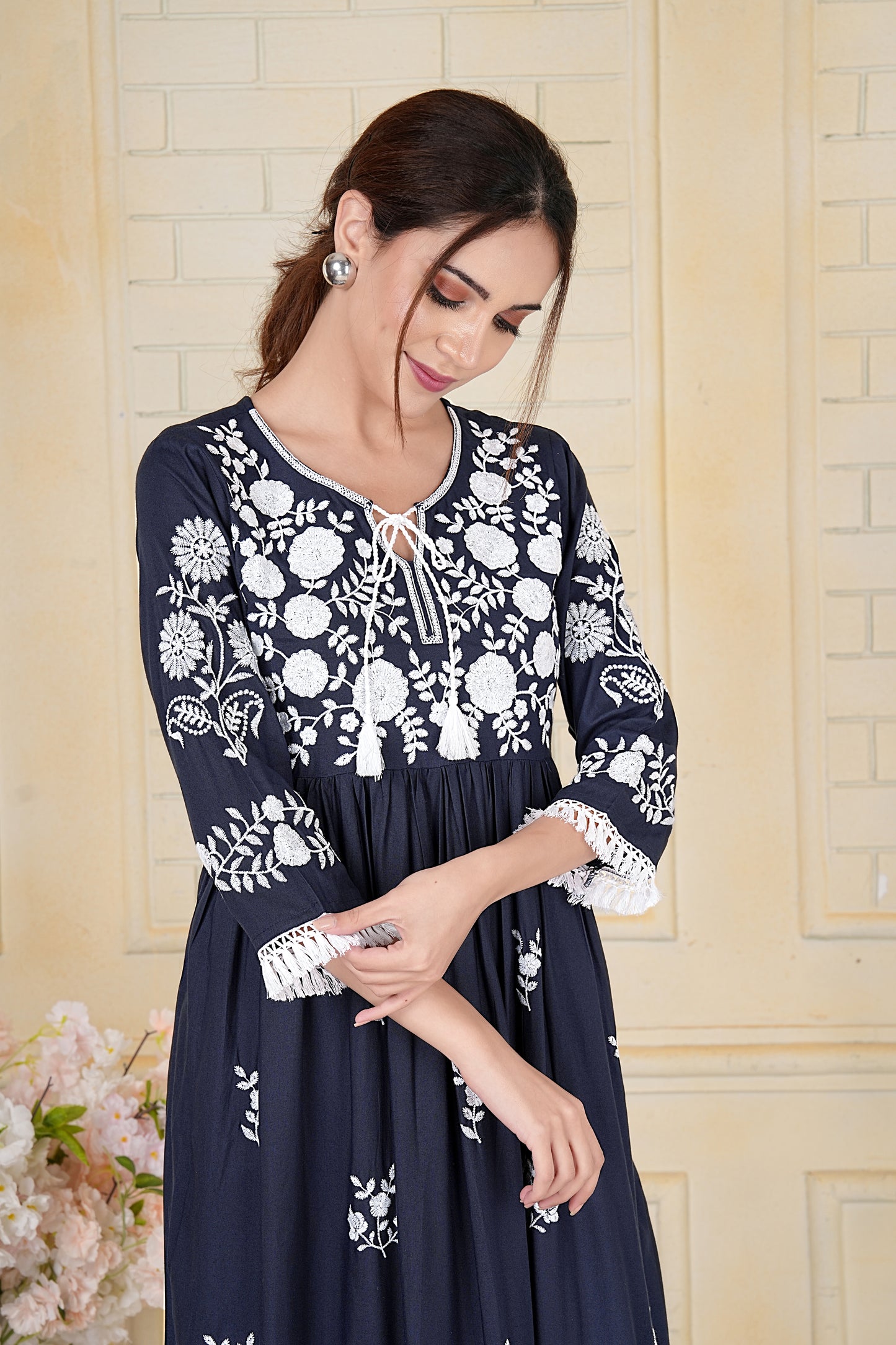 Navy Blue Floral Embroidered Cotton Kurti Dress with Lace Detailing
