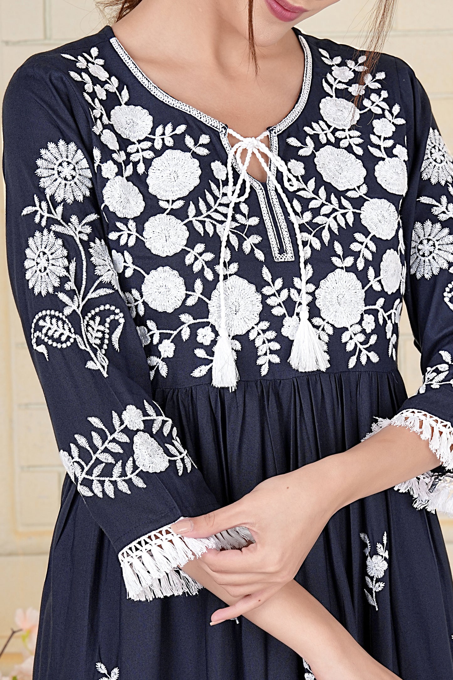 Navy Blue Floral Embroidered Cotton Kurti Dress with Lace Detailing
