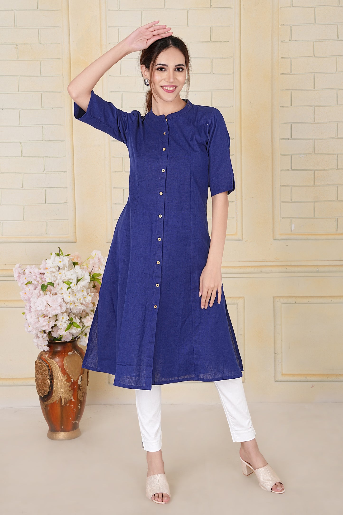 Indigo Flax Cotton A-Line Kurta with Wooden Button Accents