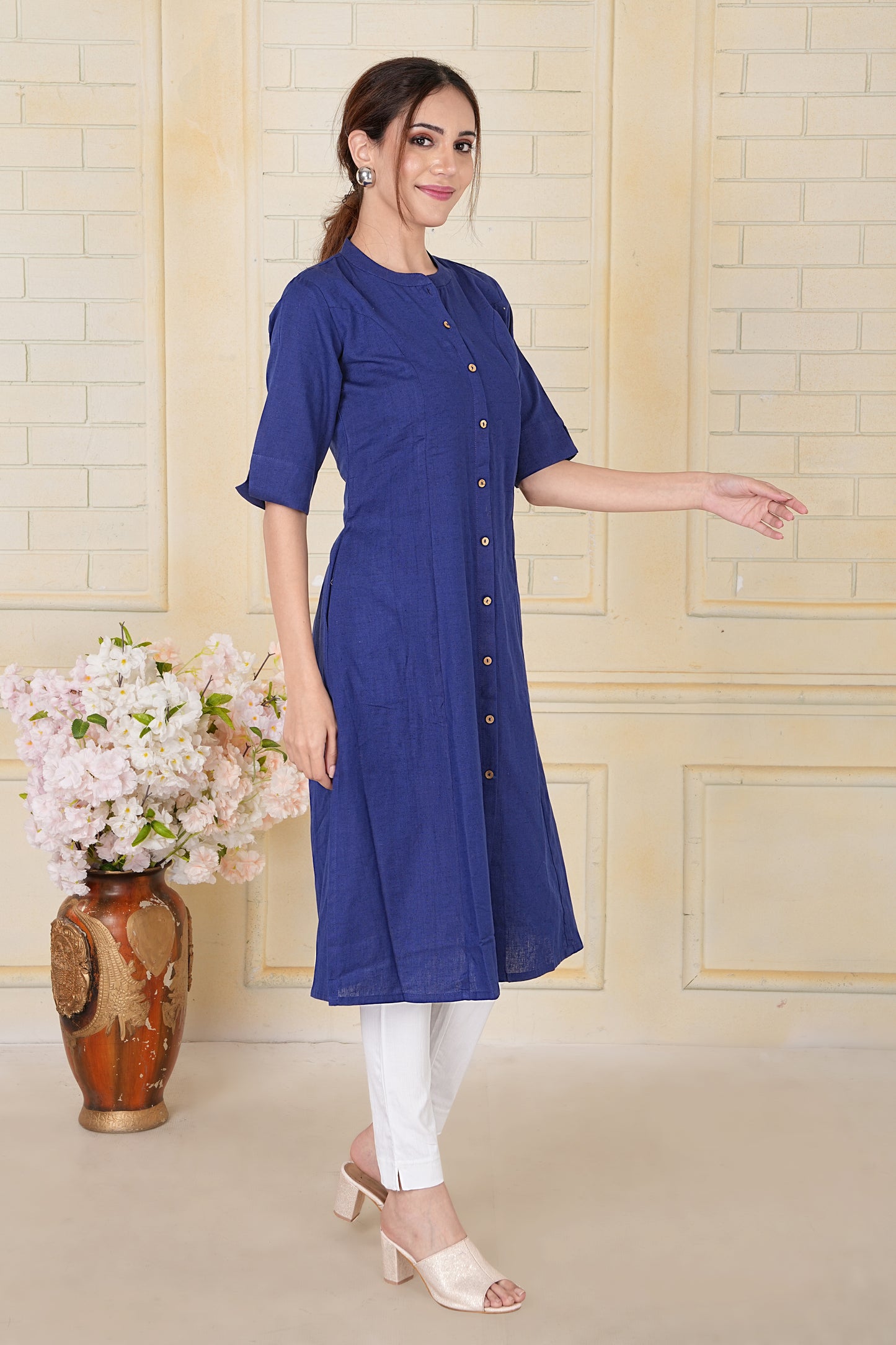 Indigo Flax Cotton A-Line Kurta with Wooden Button Accents