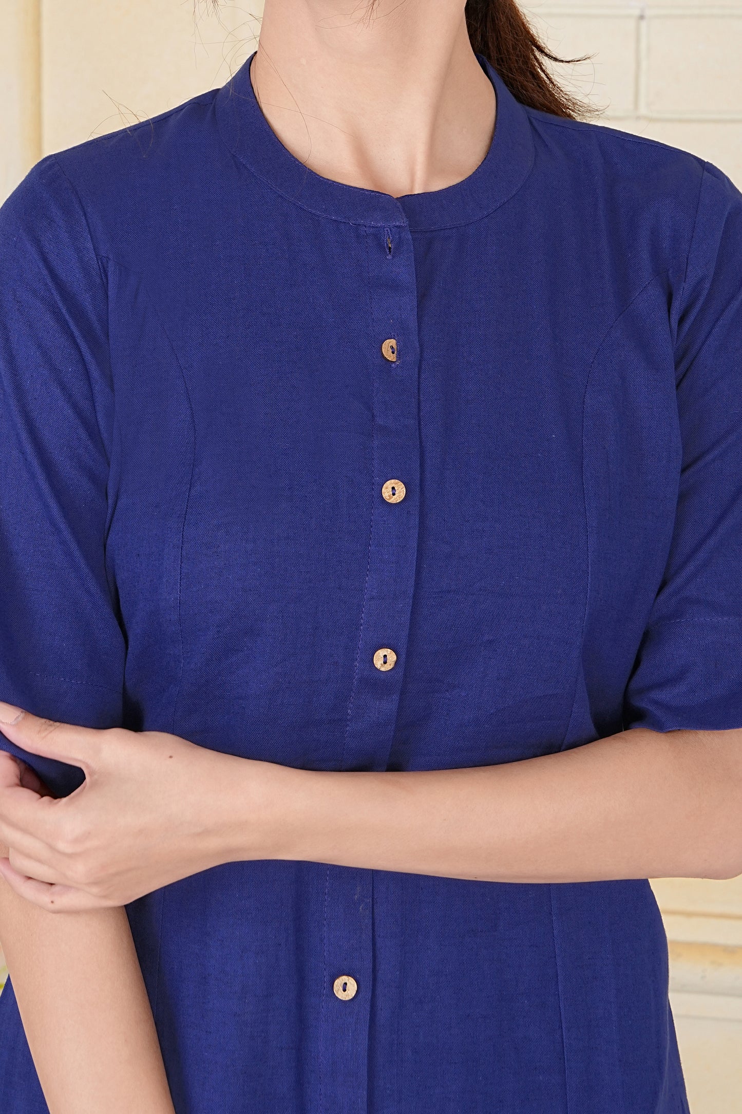 Indigo Flax Cotton A-Line Kurta with Wooden Button Accents