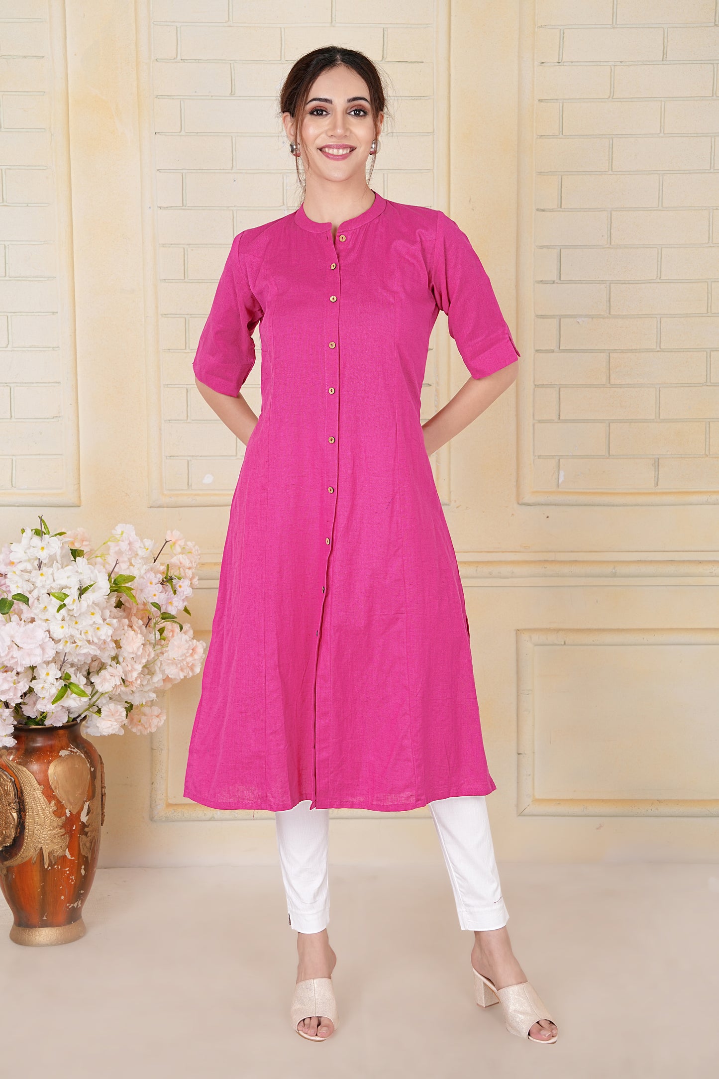 Hot Pink Flax Cotton A-Line Kurta with Wooden Button Accents