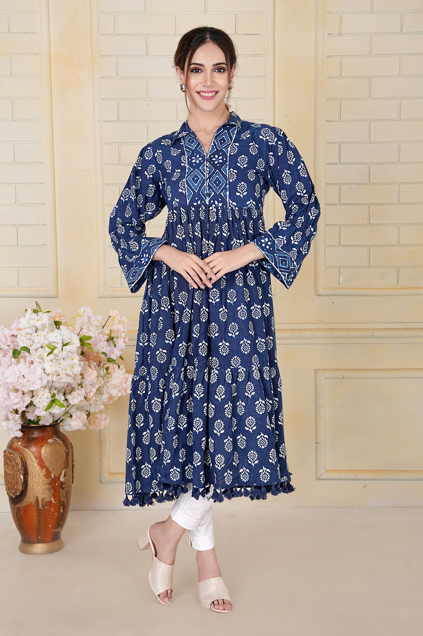 Indigo Jaipuri Cotton Block Printed Tiered Kurta with Tassel Hem